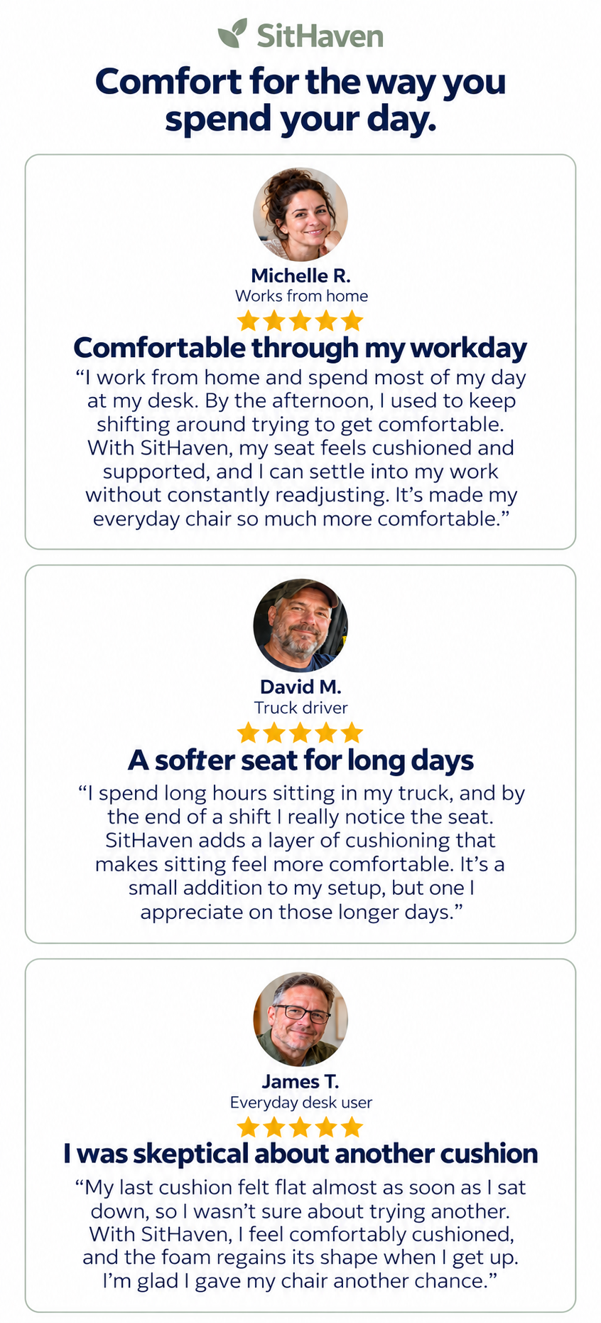 SitHaven — Comfort for the way you spend your day. Testimonials from Michelle R., David M., and James T.